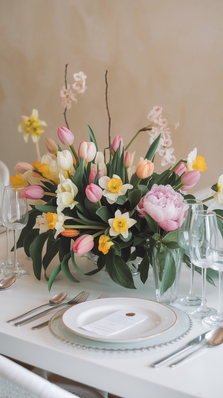 Colorful floral arrangement featuring tulips, daffodils, and peonies on a dining table.