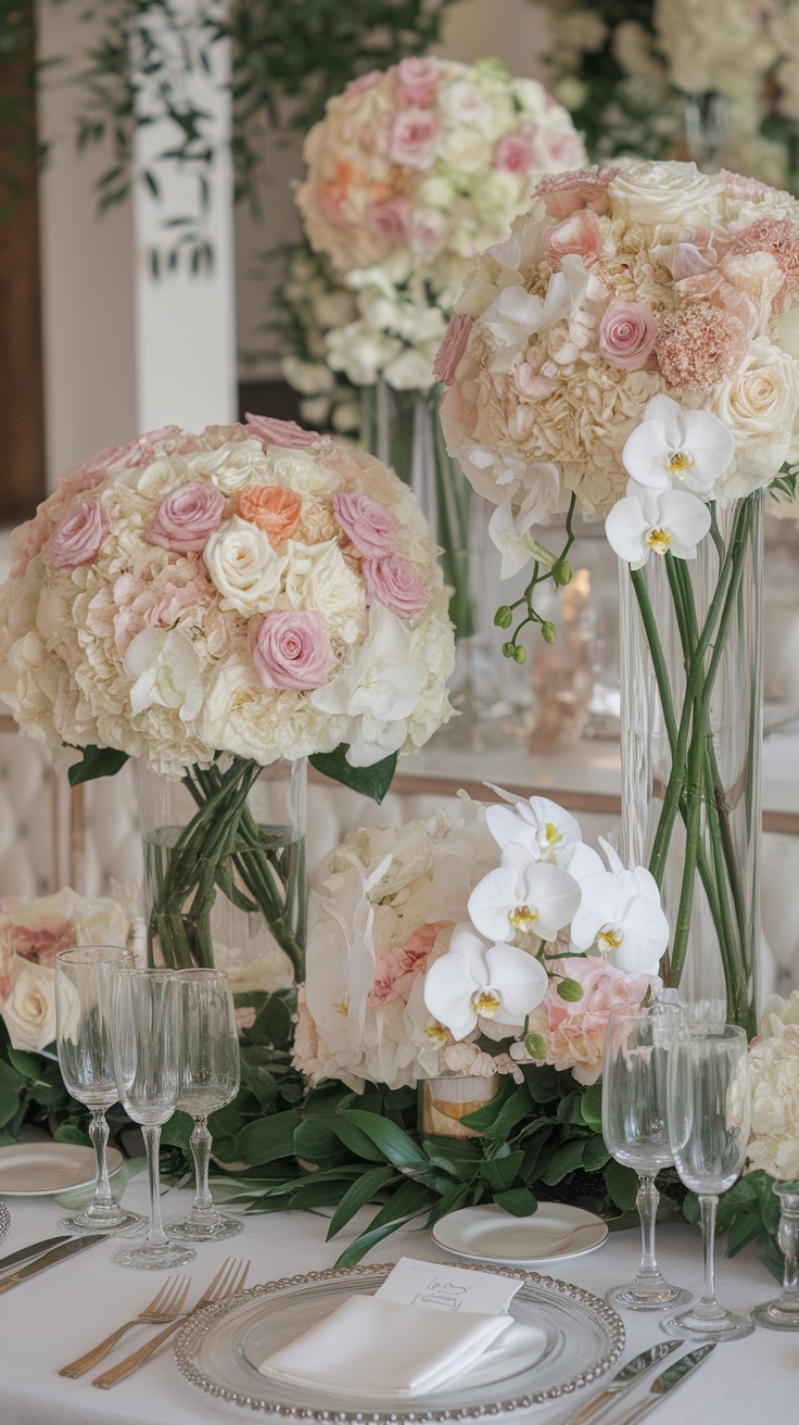 Elegant floral centerpieces featuring roses and orchids in clear vases on a beautifully set table.