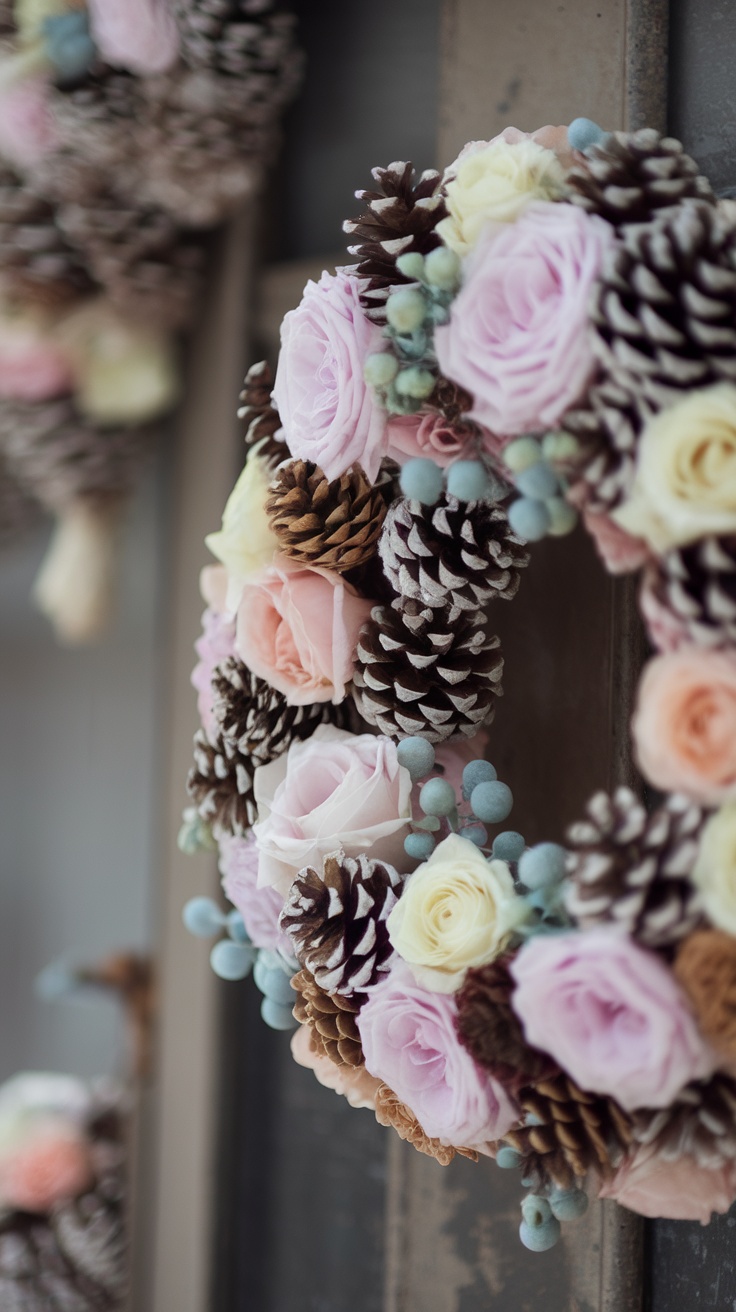 A floral pinecone wreath featuring pastel roses and pinecones, hanging on a wall.