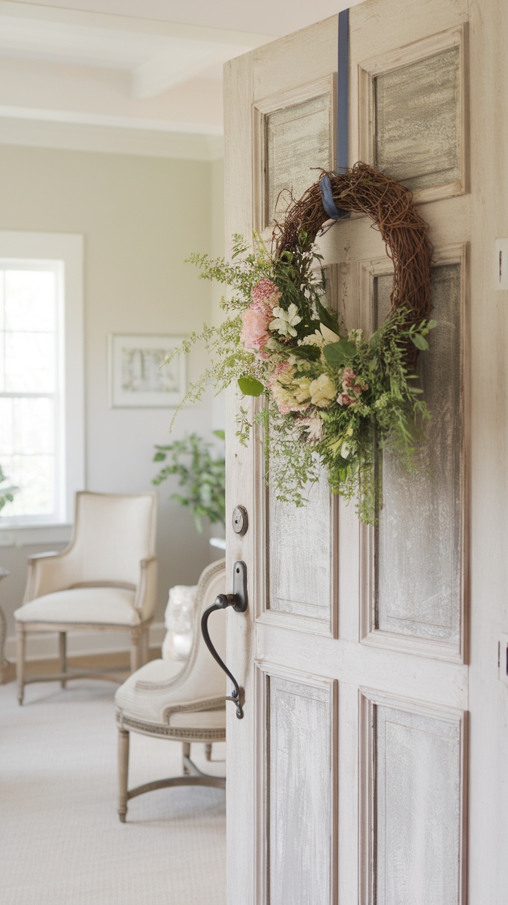 An Easter wreath with flowers hanging on a rustic door.