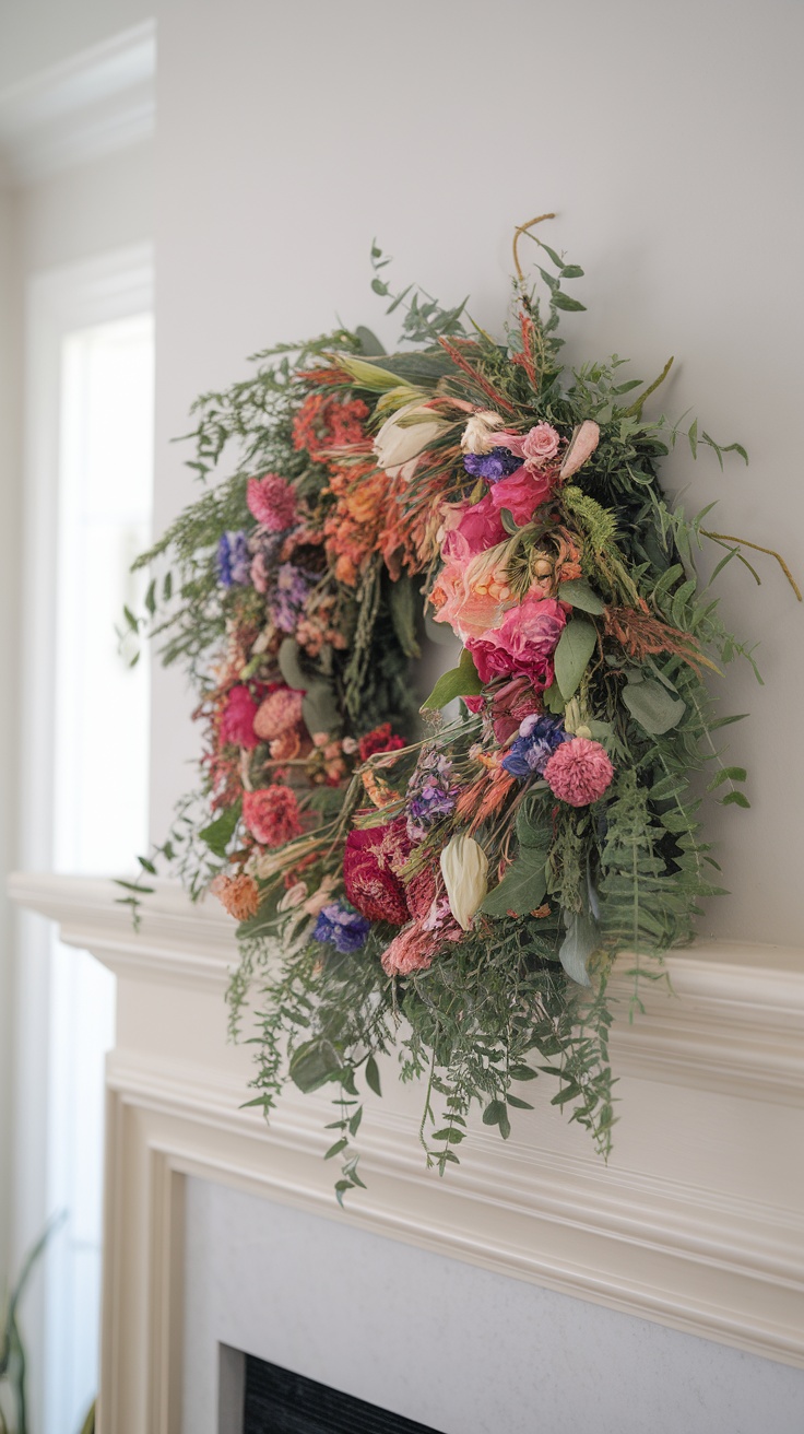 A colorful floral wreath featuring various flowers and greenery, displayed on a mantel.