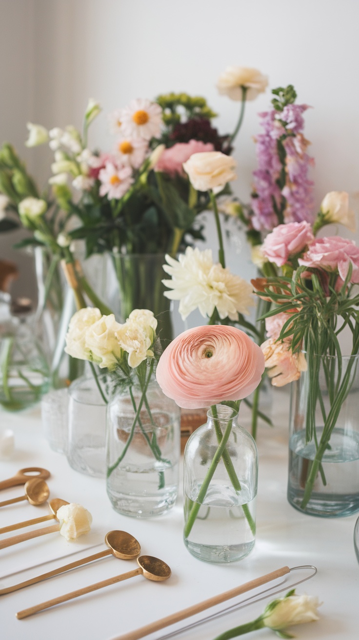 Colorful flower bar setup with various flowers in jars and tools for arrangement.