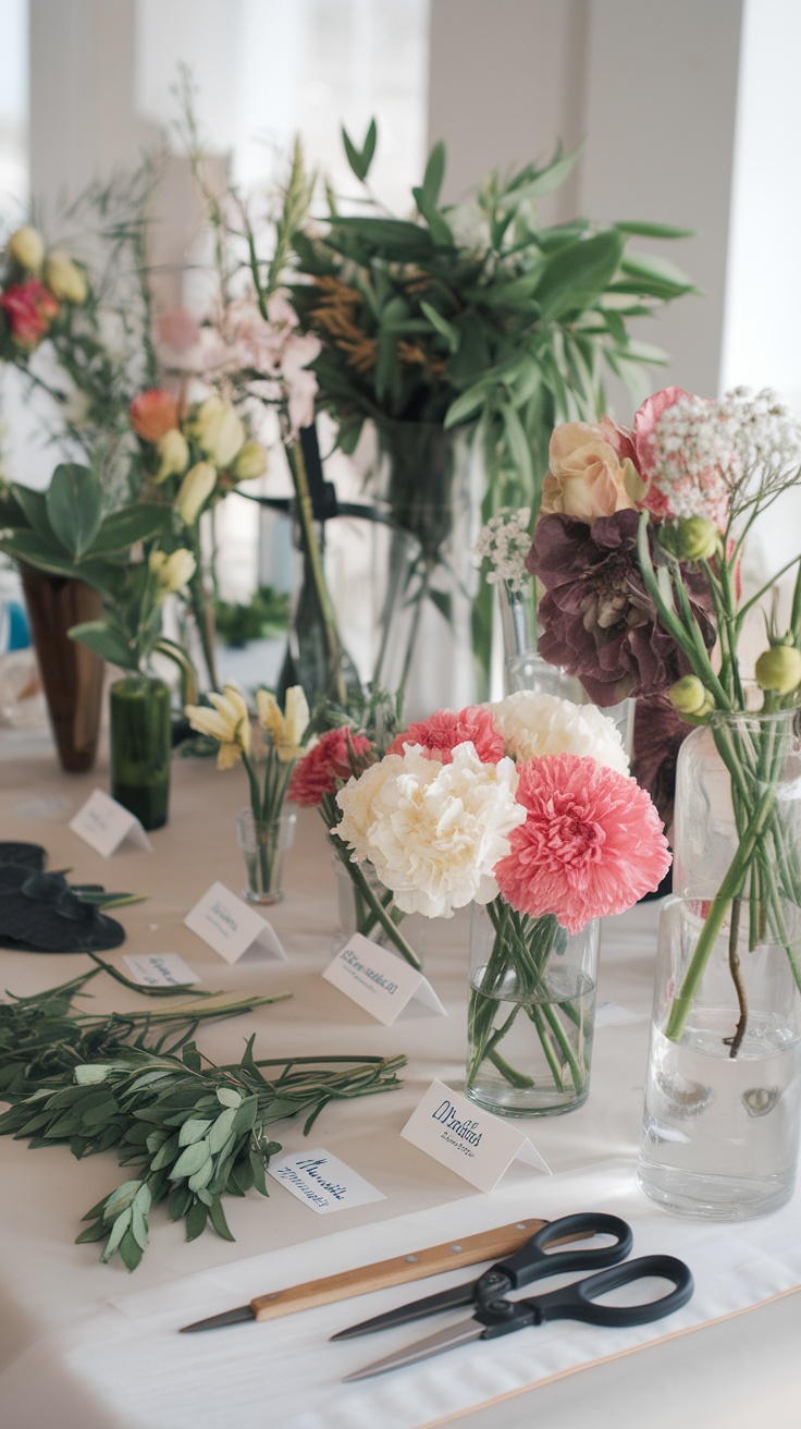 A beautifully arranged flower bar filled with various flowers and greenery, scissors, and labeled vases.