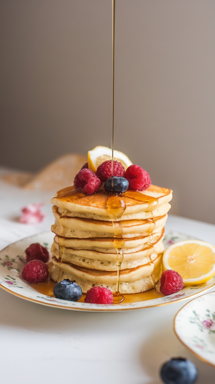 Stack of fluffy lemon ricotta pancakes with berries and syrup