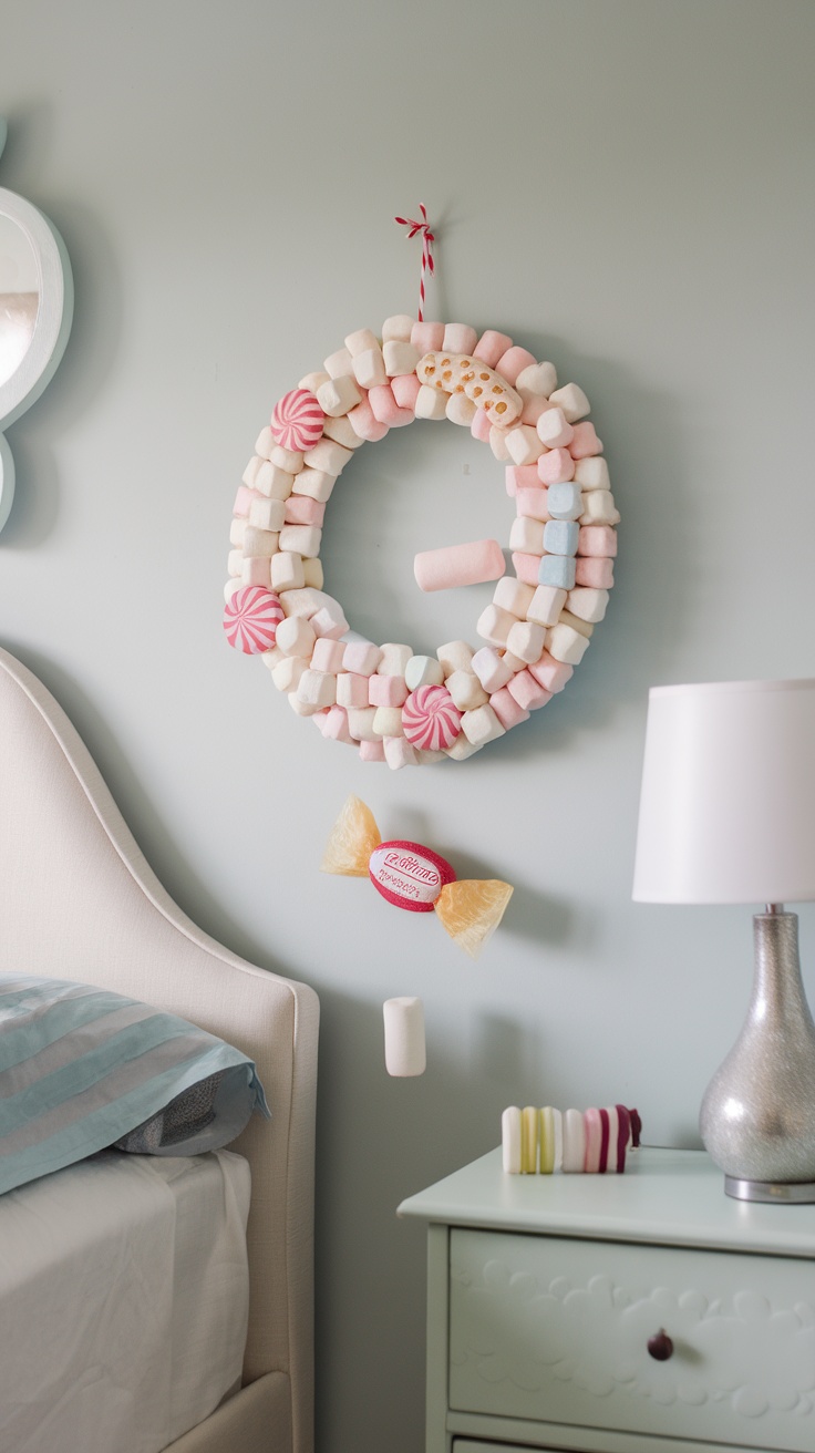 A colorful Easter wreath made of marshmallows and candies