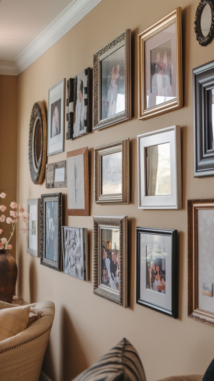 Gallery wall featuring various framed family photos and art on a beige wall.