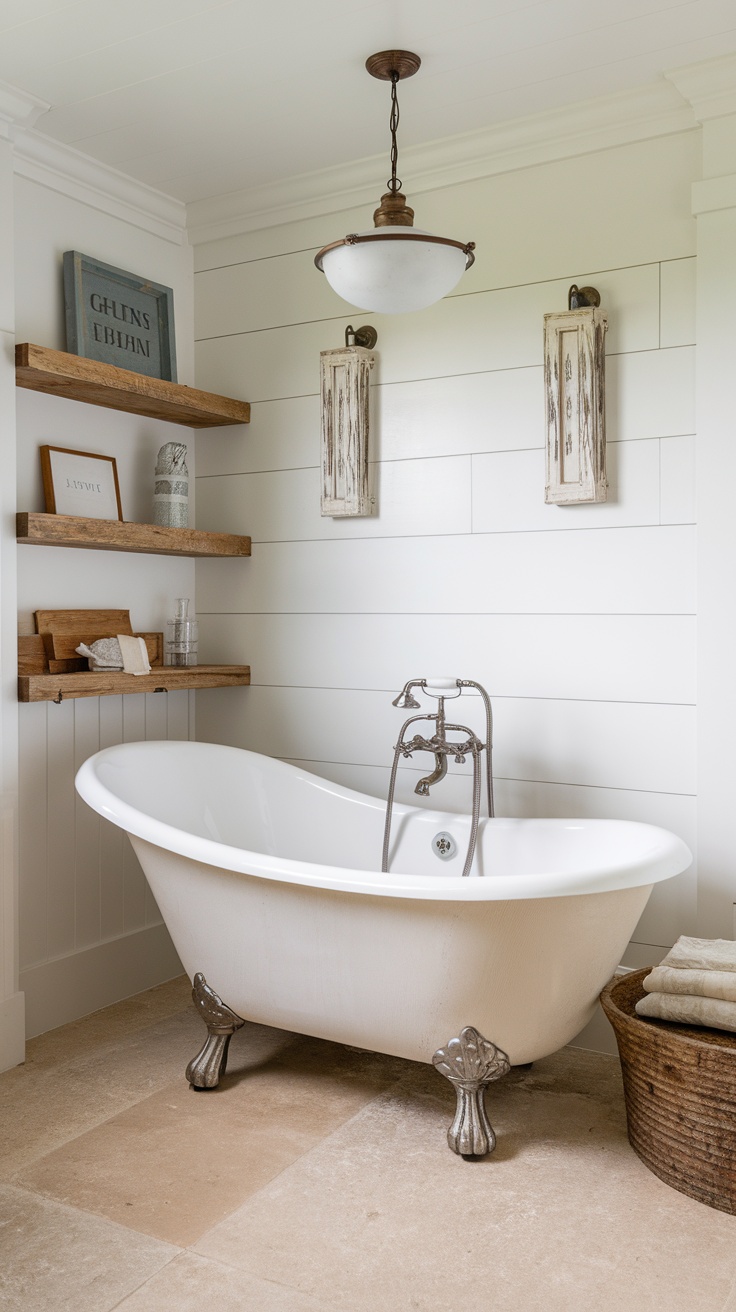 A freestanding bathtub with vintage features in a modern farmhouse bathroom.