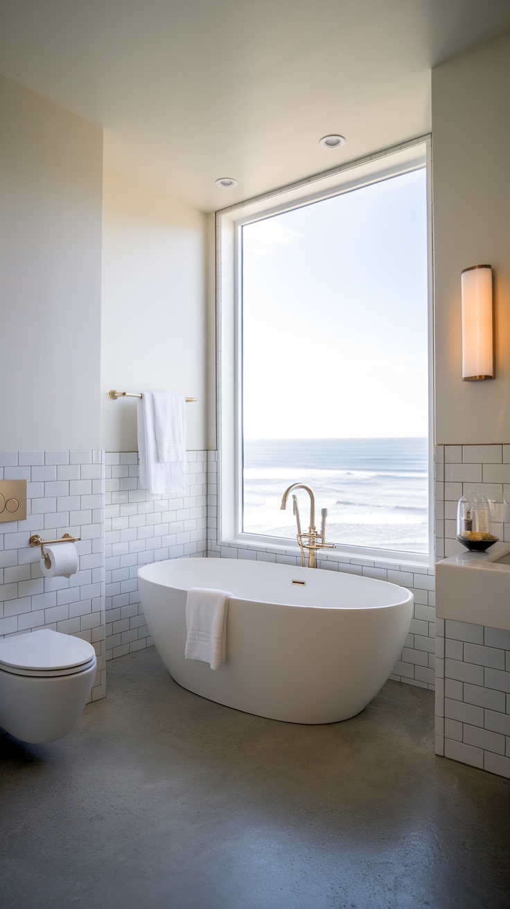 A coastal bathroom featuring a freestanding bathtub with a view of the ocean.