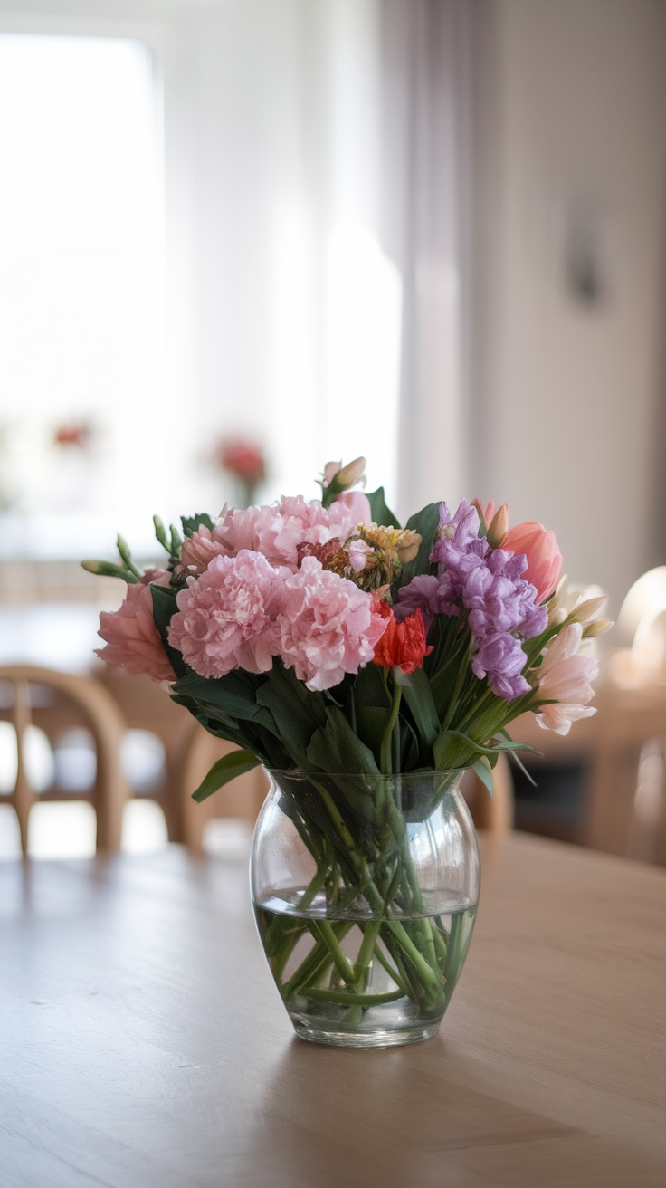 A vibrant floral arrangement in a glass vase on a wooden table.
