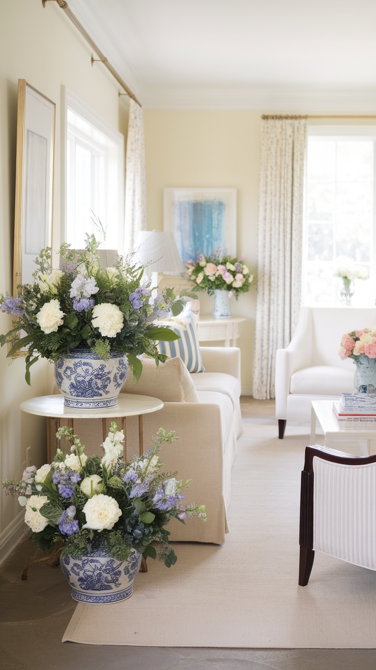 Bright floral arrangements in blue and white vases in a living room setting.