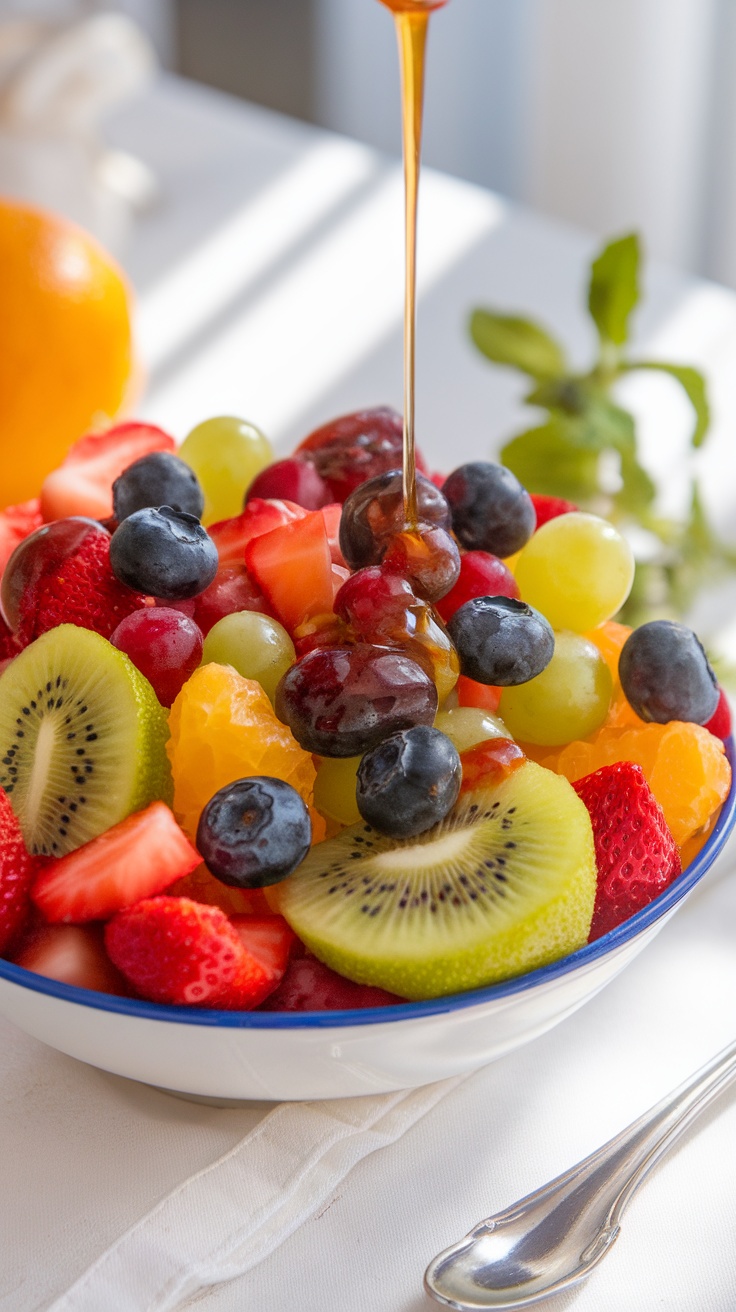 A vibrant fruit salad with strawberries, blueberries, kiwi, and a honey lime dressing being poured over it.