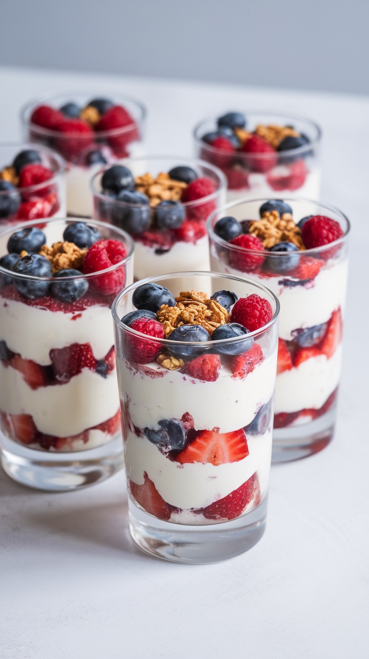 A display of fruit and yogurt parfaits in clear glasses, featuring layers of strawberries, blueberries, raspberries, and granola.