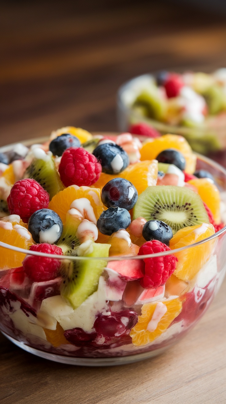 A colorful fruit salad in a clear bowl with various fruits like raspberries, blueberries, oranges, and kiwi.