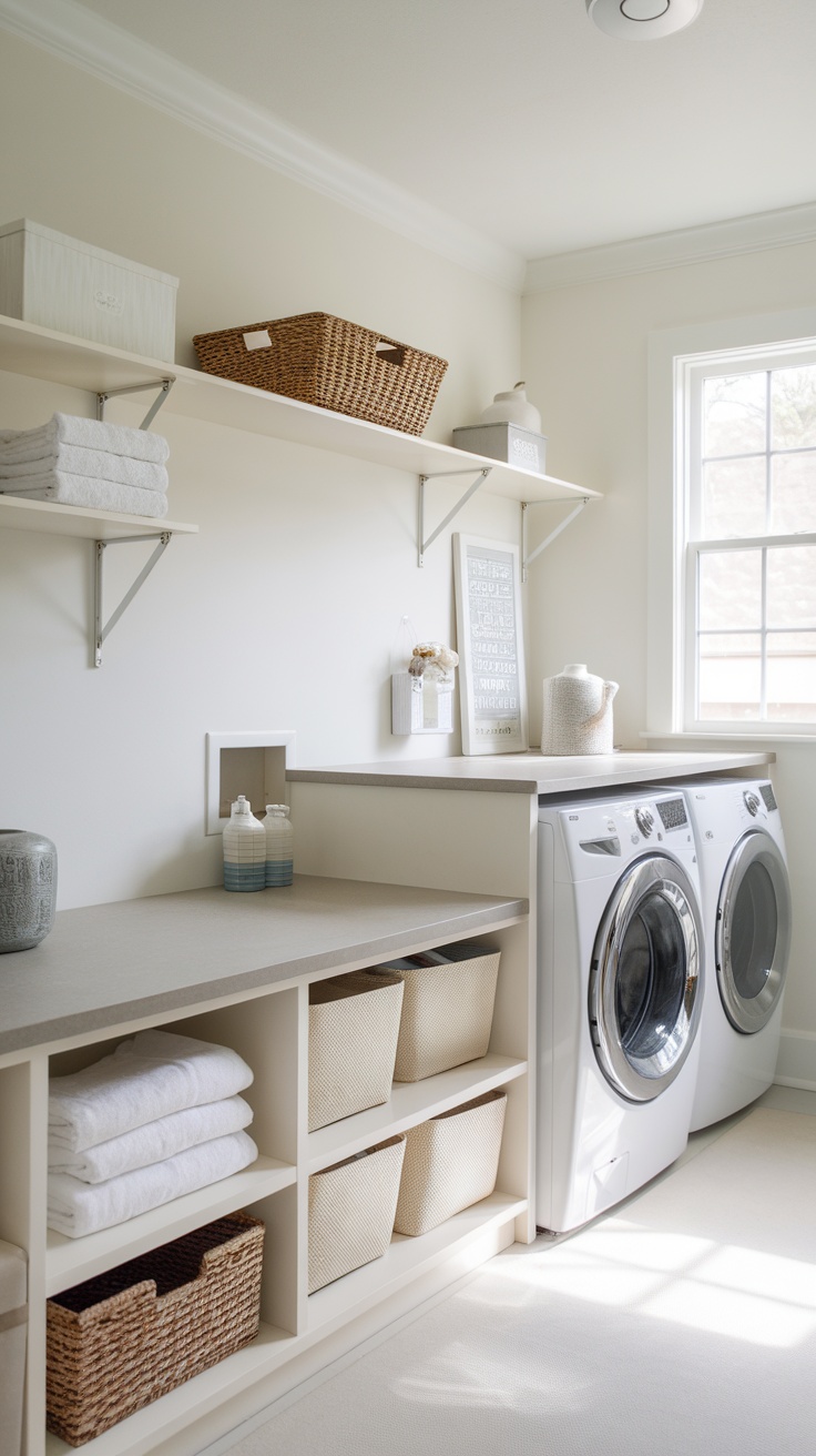 A modern laundry room with a folding station, washer, and organized shelves.