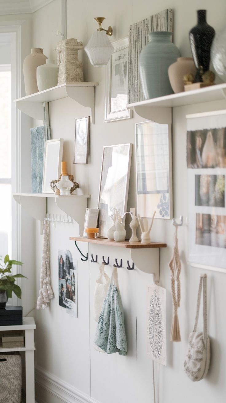 A gallery wall displaying a mix of framed pictures, decorative vases, and functional hooks on a light-colored wall.