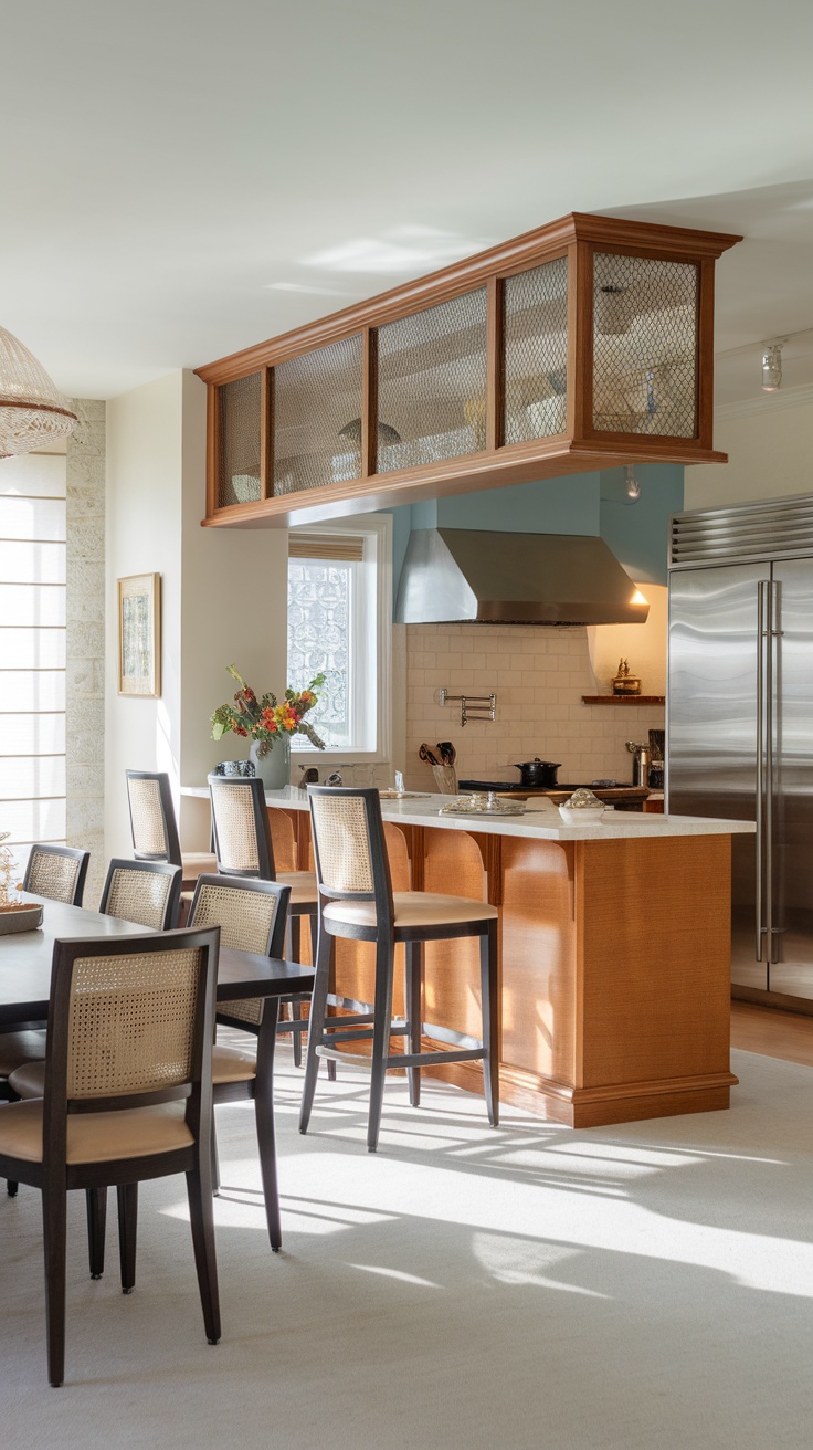 A modern farmhouse dining room with a smooth transition from kitchen to dining area.