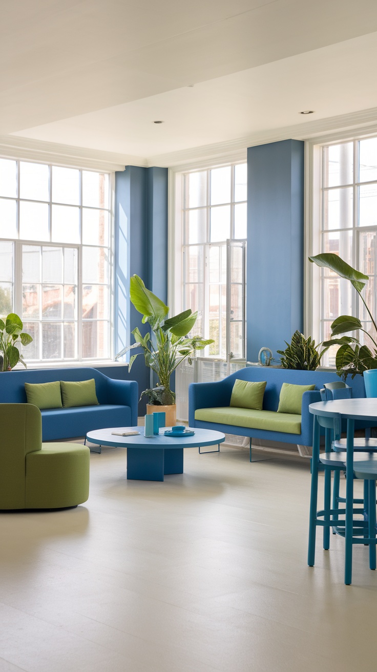 A blue and green living room featuring modern furniture and plants.