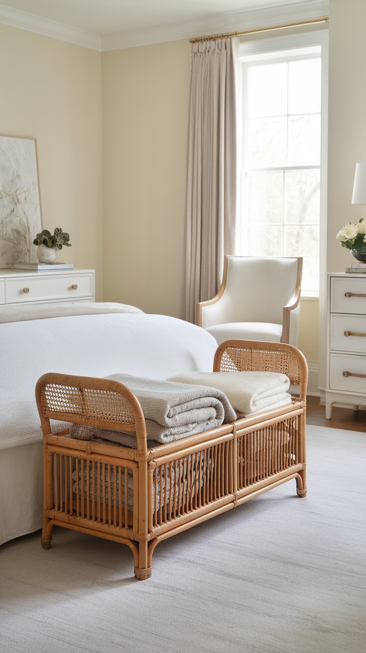 Cozy rattan storage bench holding neatly folded blankets in a light-colored bedroom.