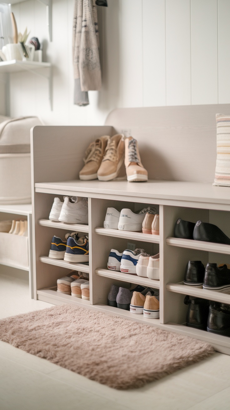 A stylish and functional shoe storage solution featuring a shoe bench with various pairs of shoes neatly organized.