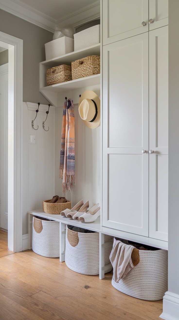 A well-organized entryway with storage baskets, hooks, and shoes neatly placed.