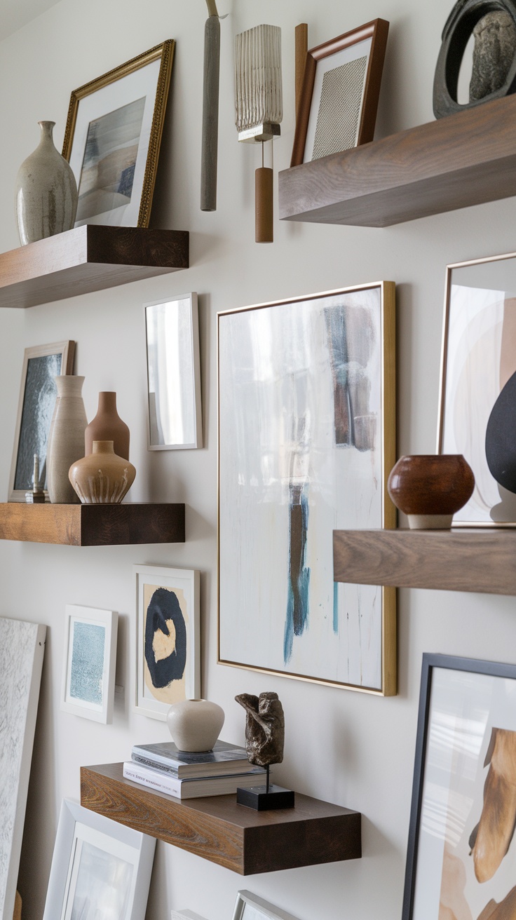A gallery wall featuring various framed artworks and decorative items on wooden shelves.