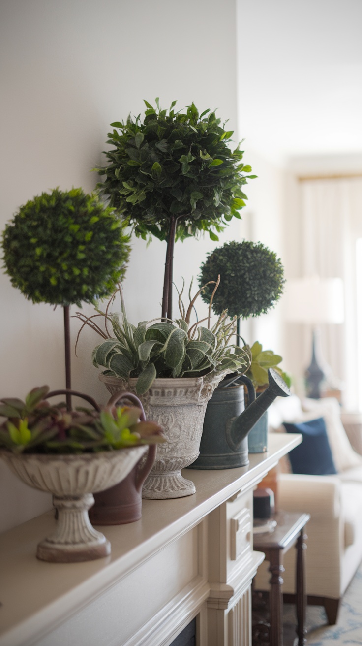 A decorative mantel with potted plants and a watering can, showcasing a garden-inspired theme.