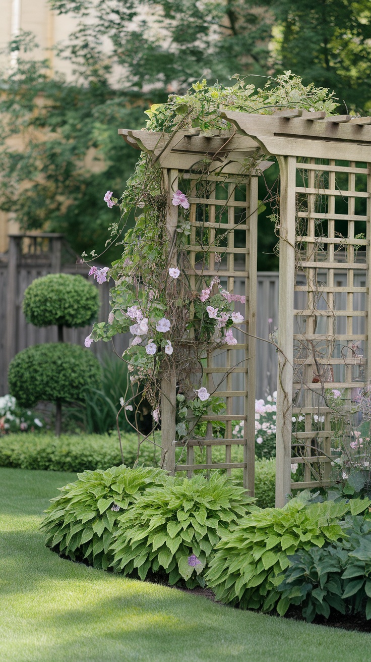 A wooden trellis covered in climbing plants and flowers in a garden setting.