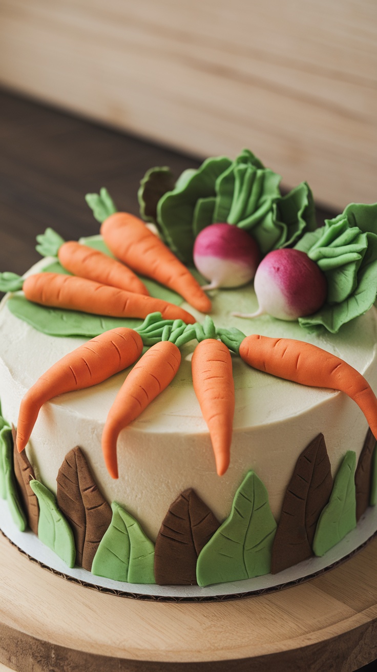 A cake decorated with fondant carrots, radishes, and leafy greens