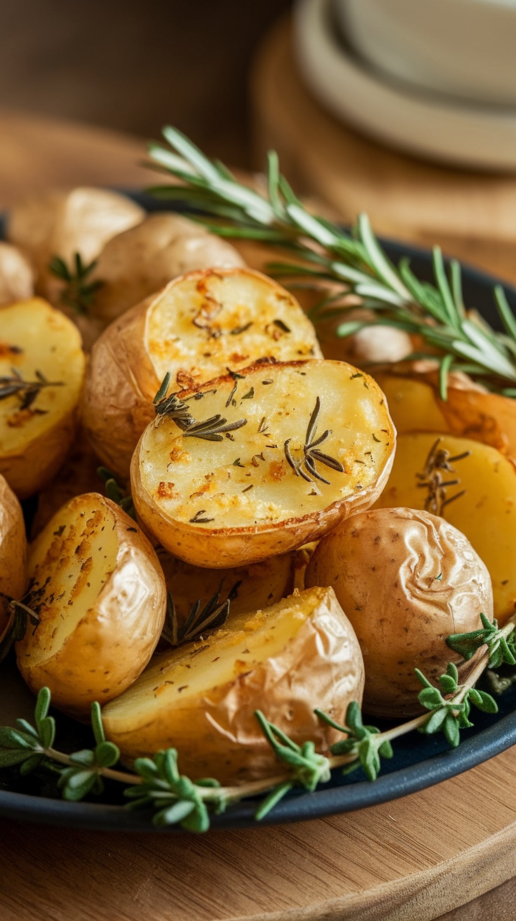 A plate of garlic herb roasted potatoes garnished with fresh herbs.