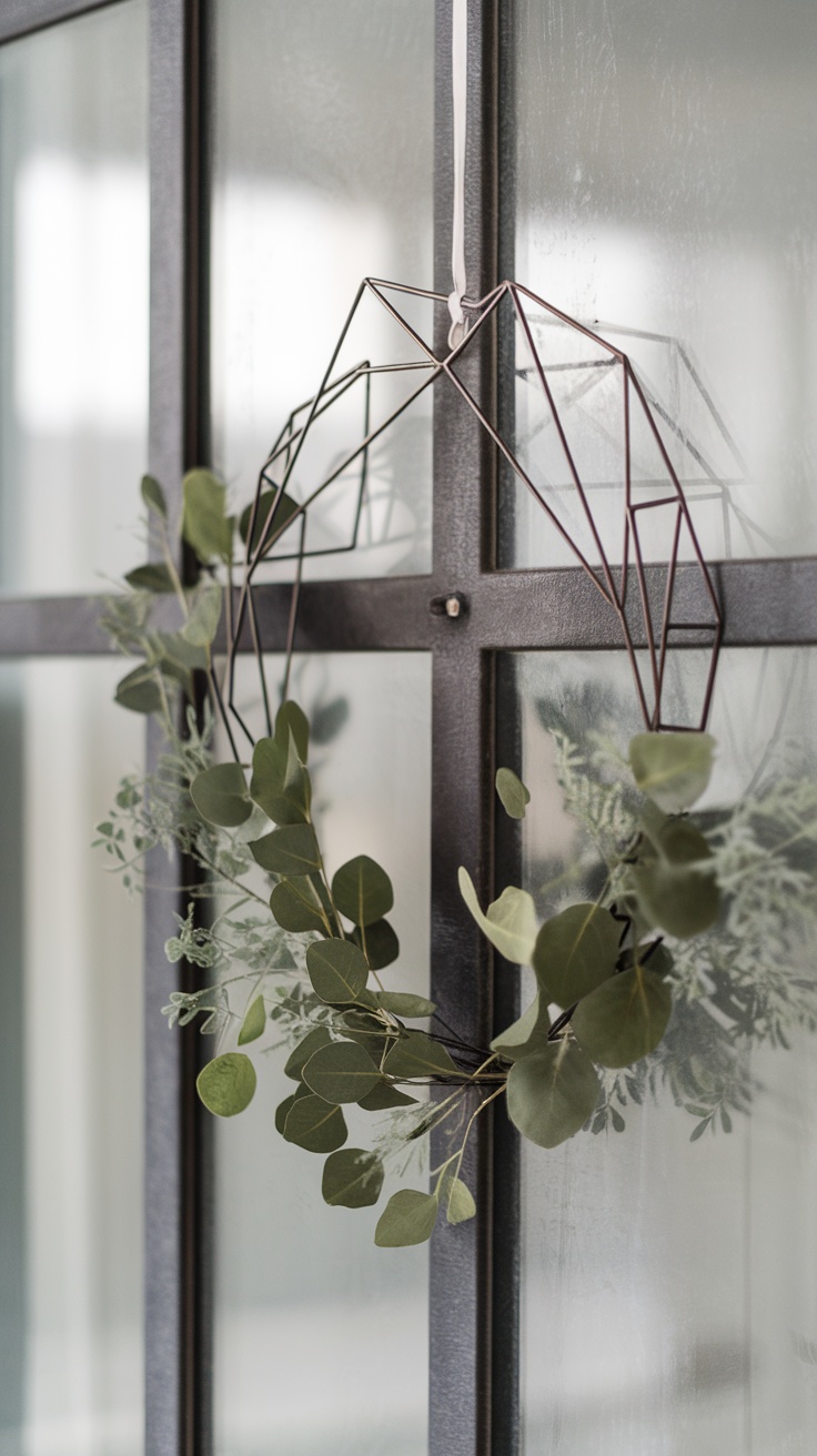 A geometric metal wreath adorned with greenery, hanging on a glass door.