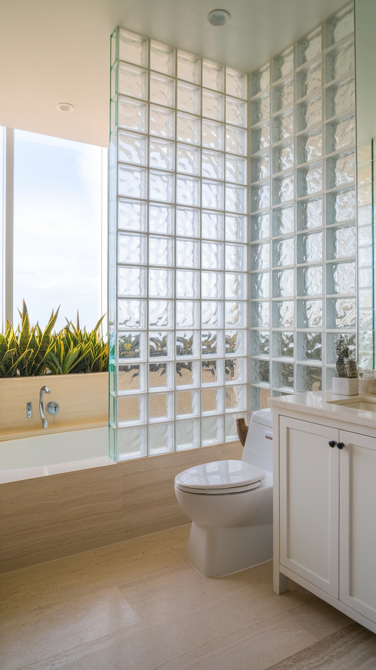 A modern bathroom featuring a glass block wall, with a bathtub and plants in the background.