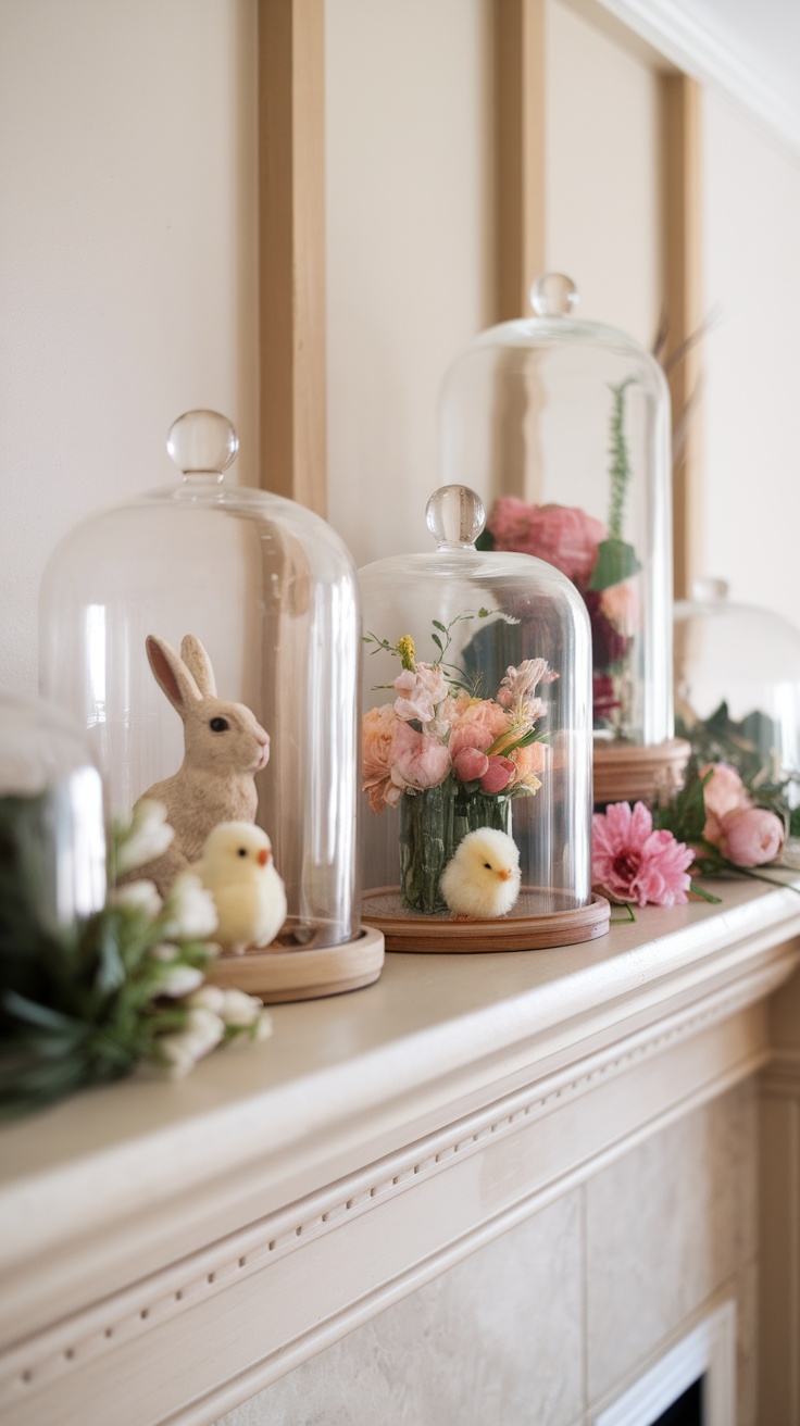 A decorative mantel featuring glass cloche displays with flowers and little chicks.