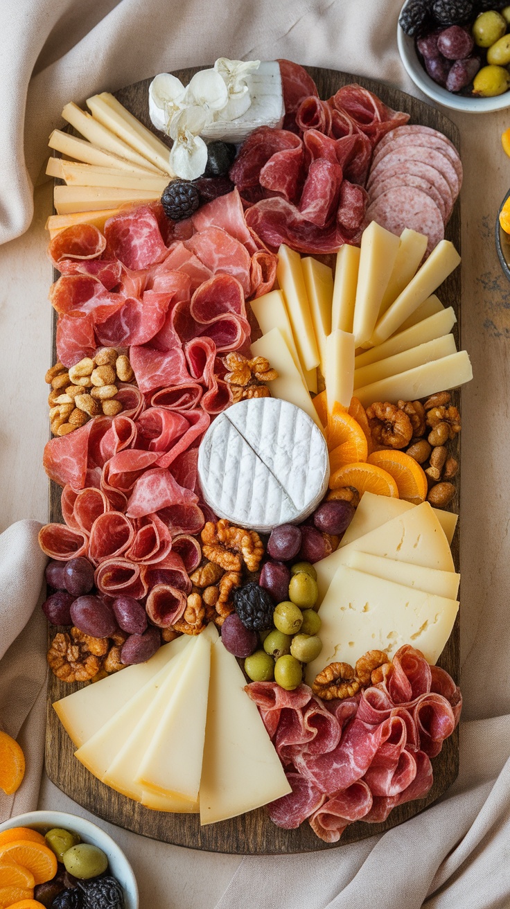 A colorful charcuterie board featuring various meats, cheeses, nuts, and fruits.