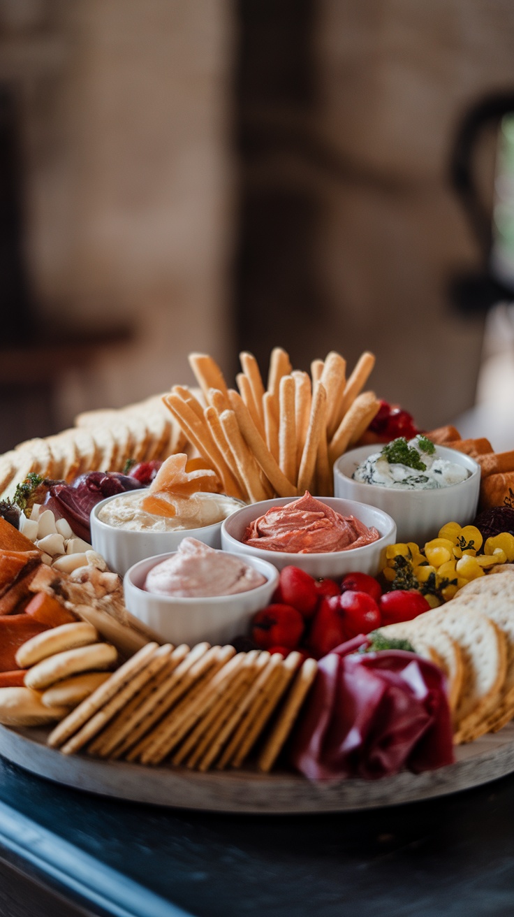 A beautifully arranged charcuterie board featuring various dips and spreads.