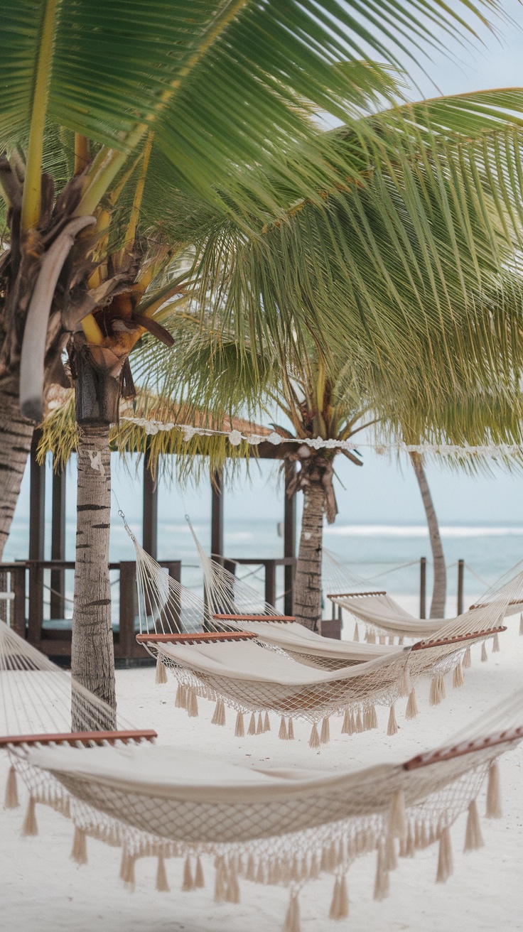 Hammocks strung between palm trees at a beach wedding.