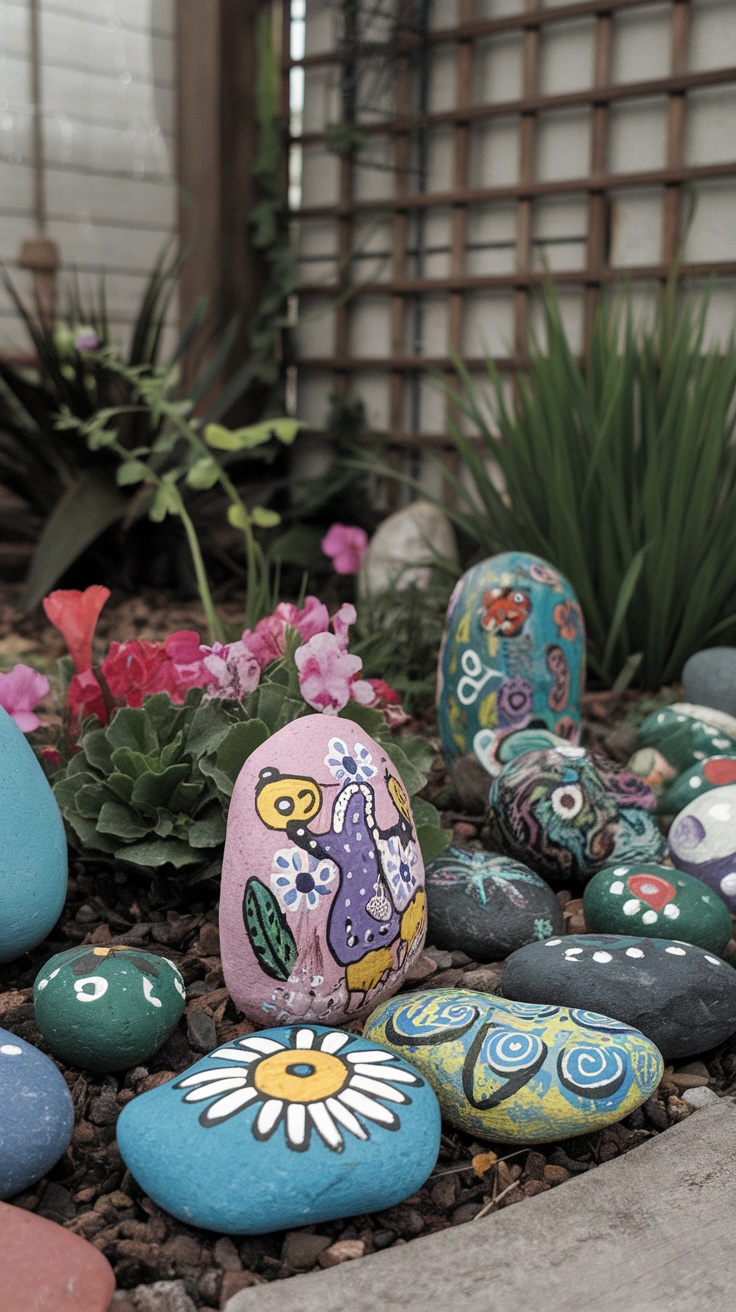 Colorful hand-painted garden stones placed among flowers in an outdoor setting.