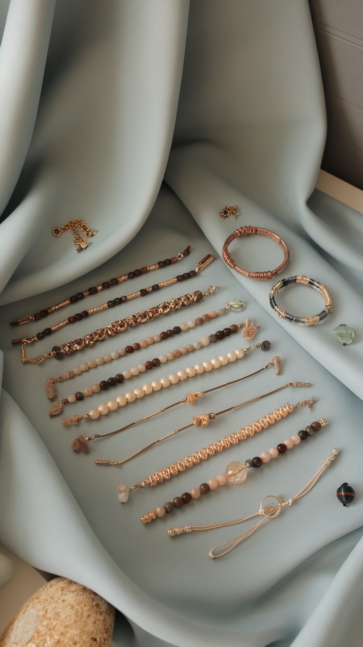 Various handcrafted jewelry pieces displayed on a fabric background.