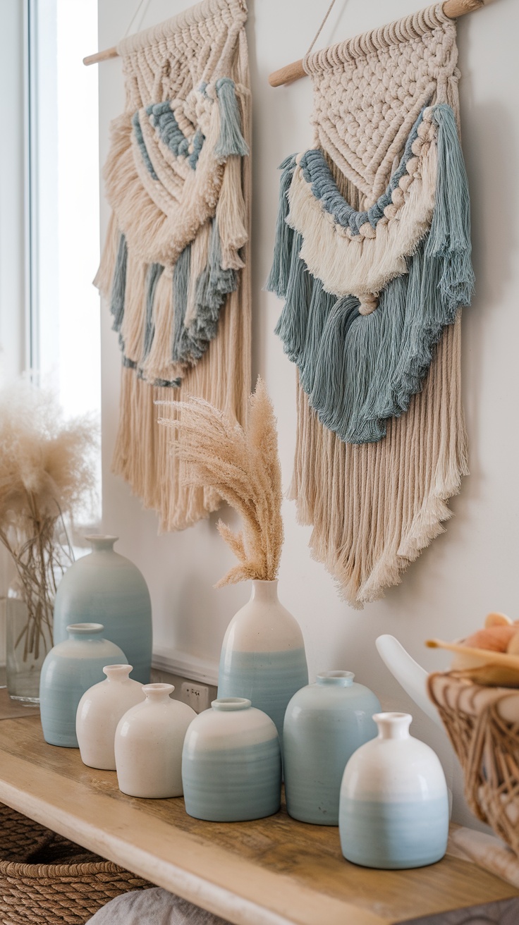 A cozy boho beach house decor featuring handmade macrame wall hangings and ceramic vases.