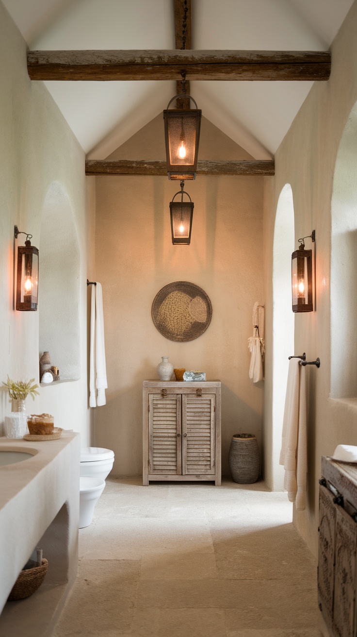 Coastal bathroom featuring hanging lanterns