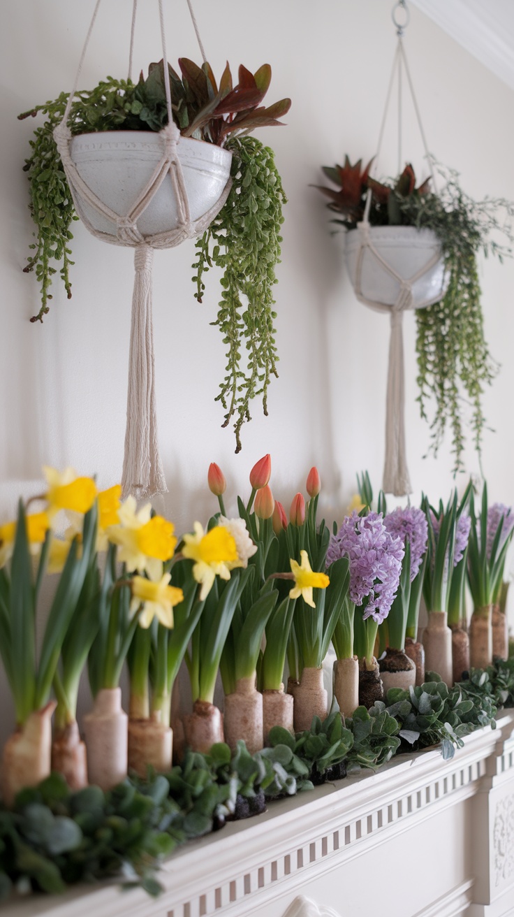 Two hanging planters with green plants above a mantel decorated with colorful spring flowers.