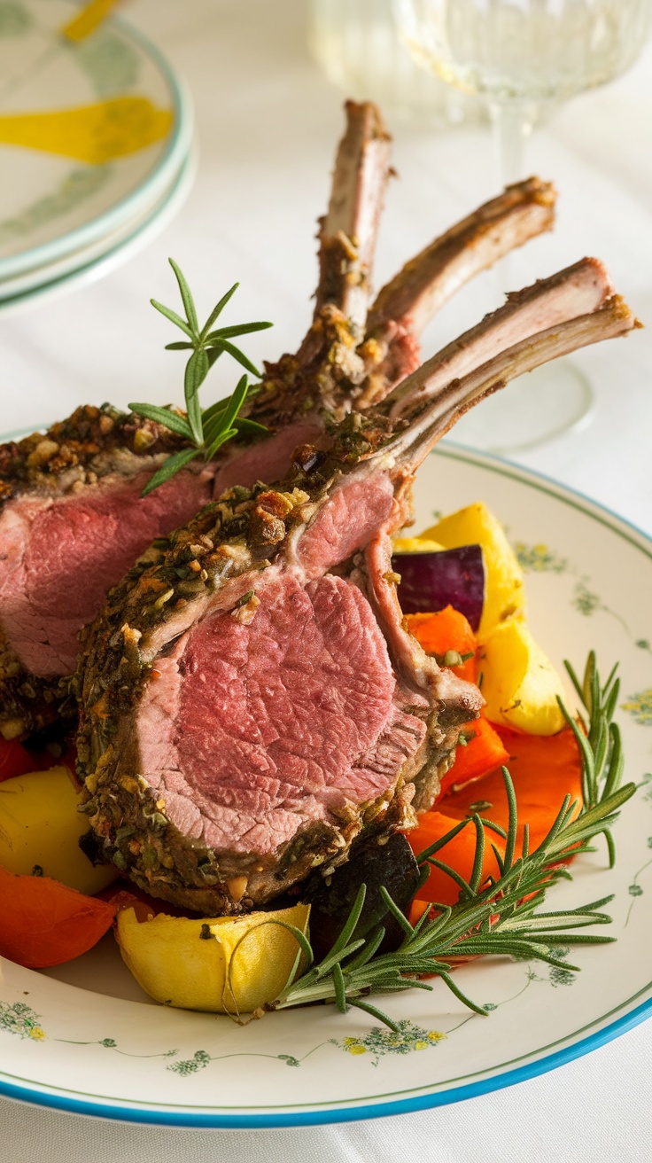 Herb-crusted lamb chops served with colorful roasted vegetables on a plate.