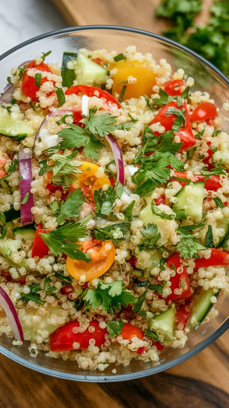 A bowl of colorful quinoa salad with various vegetables and herbs.