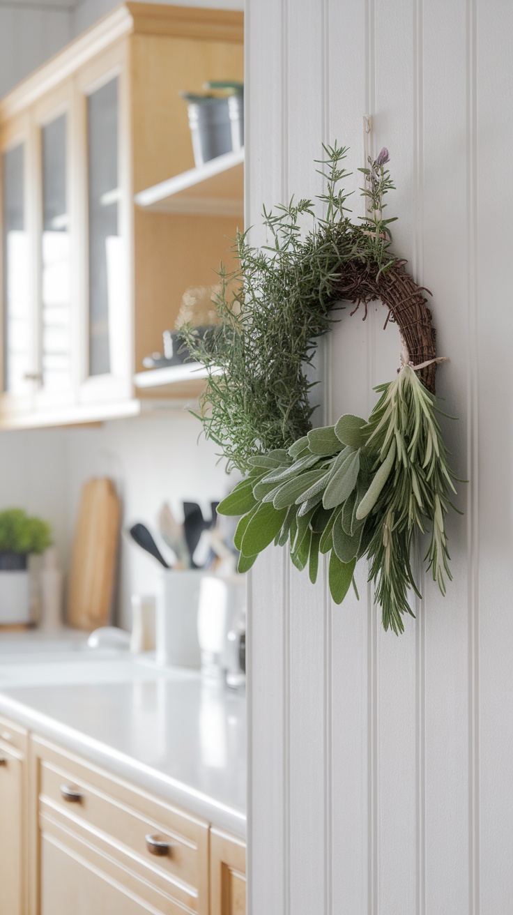 A herb and greenery wreath made with rosemary and sage hanging in a kitchen.