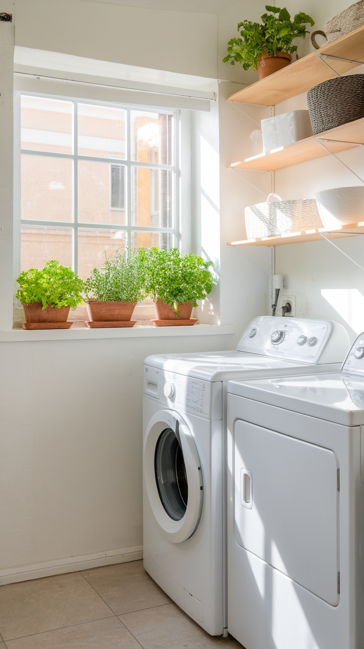 A bright laundry room featuring a windowsill herb garden with potted plants.