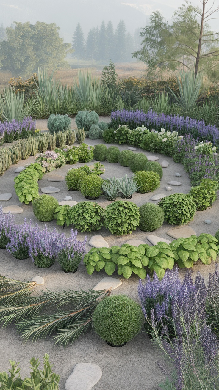 A beautifully arranged herb spiral garden filled with various herbs and plants.