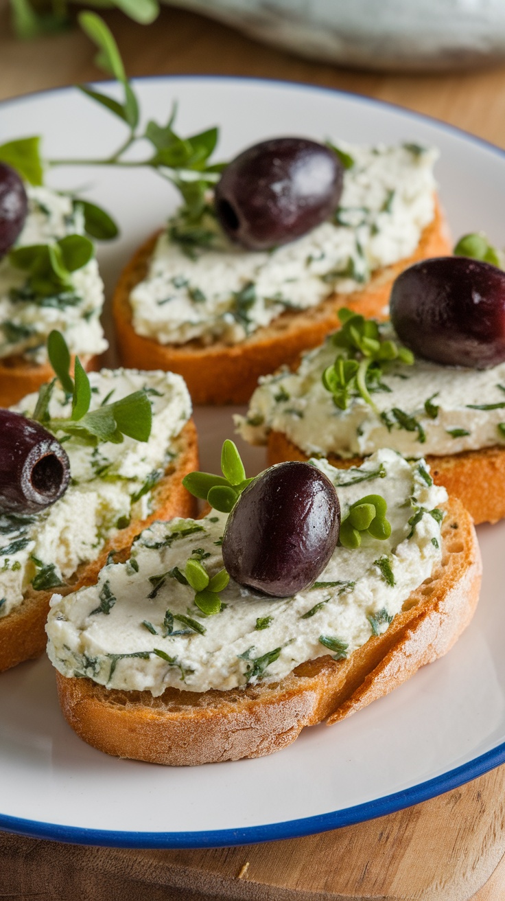 Crostini topped with herbed goat cheese and olives