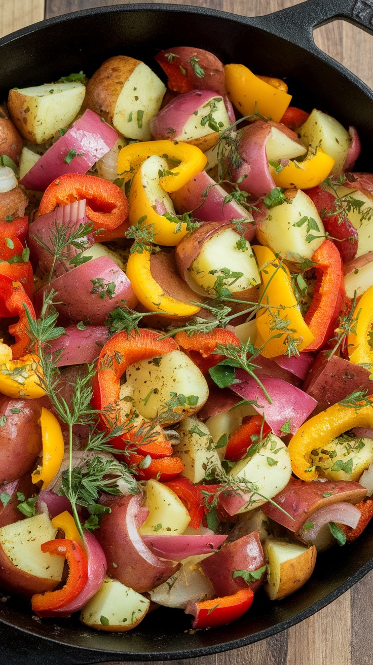 A pan of herbed potato hash with red potatoes, yellow and red bell peppers, and fresh herbs.