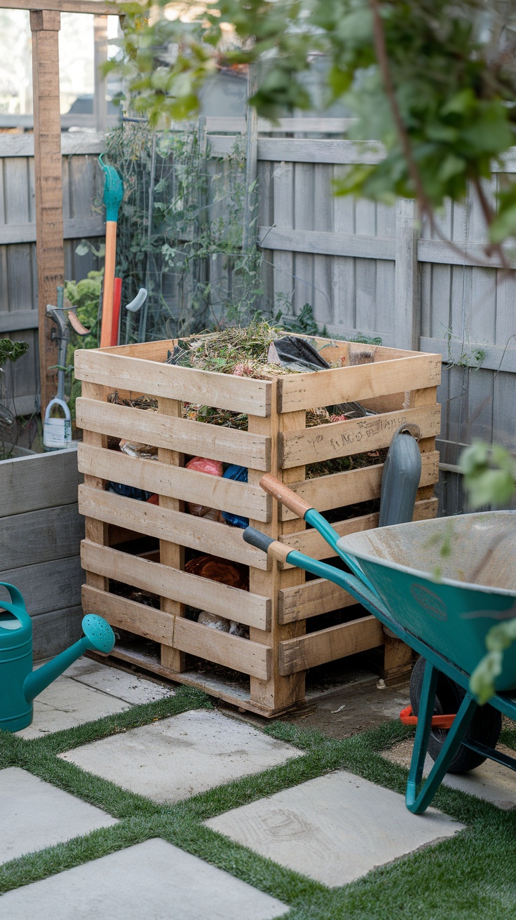 A homemade compost bin made from wooden pallets, filled with organic waste, next to a wheelbarrow and watering can in a garden.