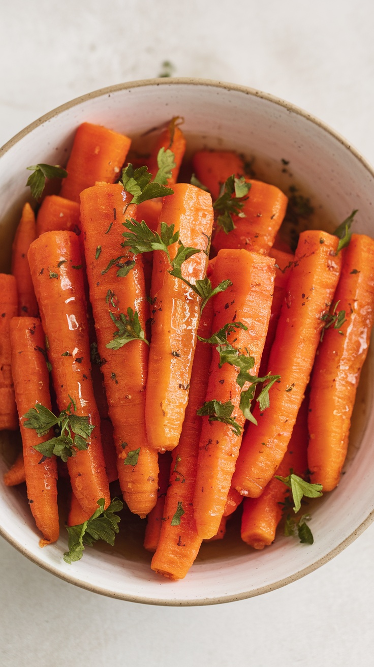 A bowl of honey glazed carrots drizzled with honey and garnished with fresh herbs.