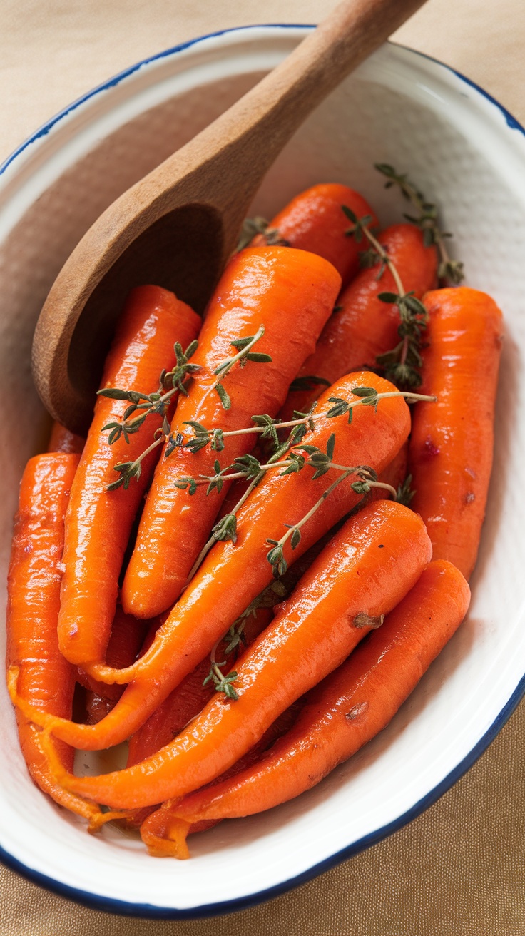 A dish of honey glazed carrots garnished with thyme